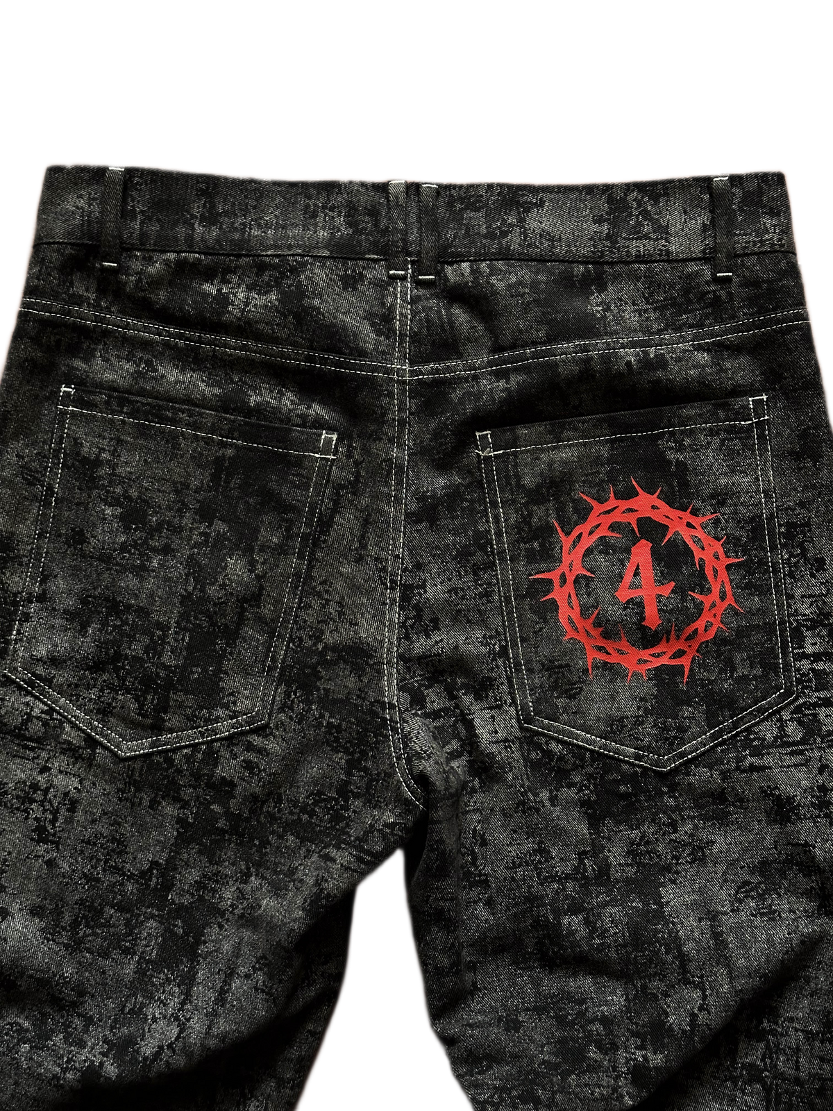 Close-up of the premium heavy denim texture and unique fabric construction on the Off The Grid jeans - back details view.