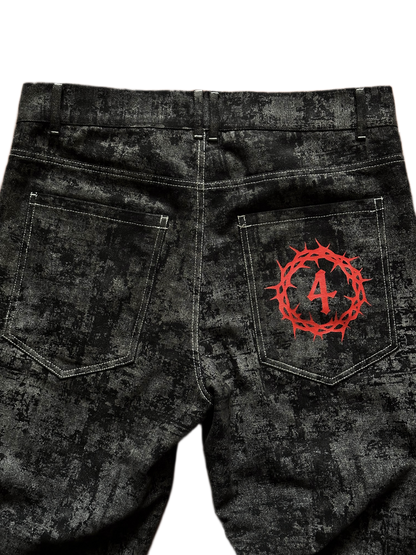 Close-up of the premium heavy denim texture and unique fabric construction on the Off The Grid jeans - back details view.