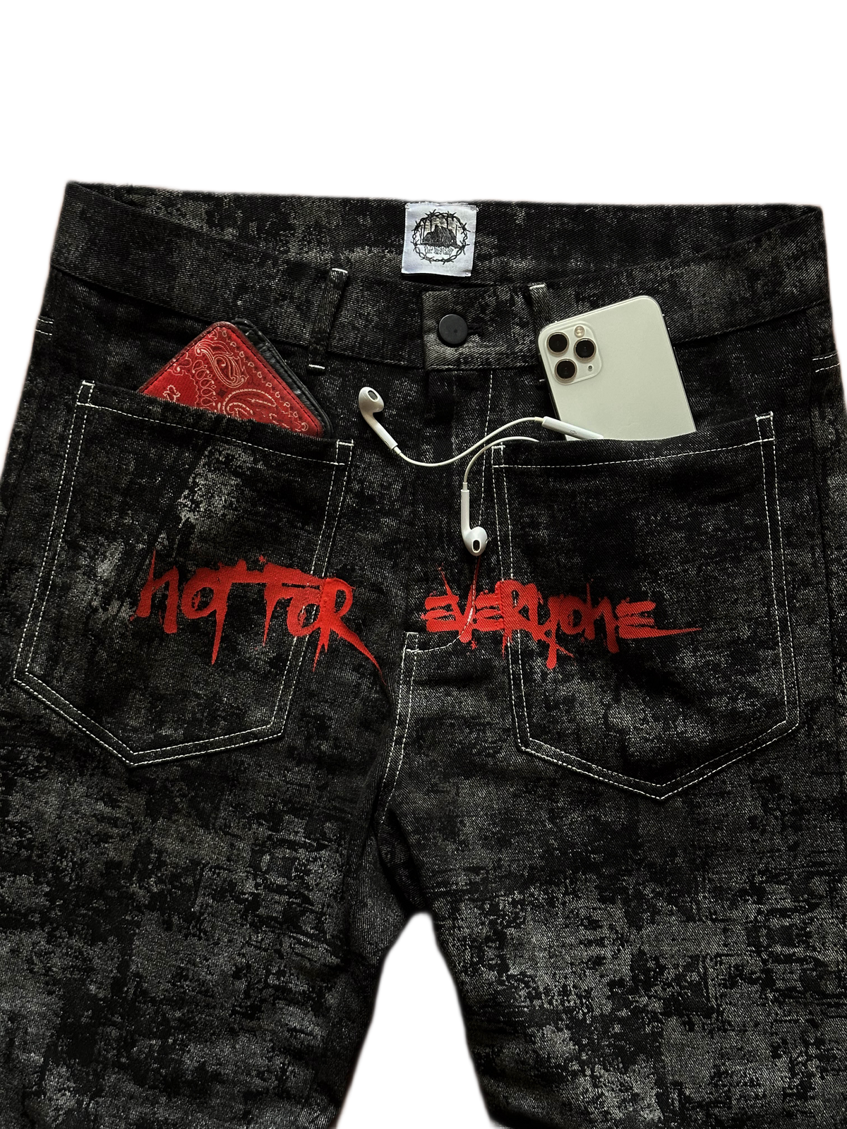 Close-up of the premium heavy denim texture and unique fabric construction on the Off The Grid jeans.
