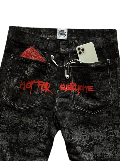 Close-up of the premium heavy denim texture and unique fabric construction on the Off The Grid jeans.