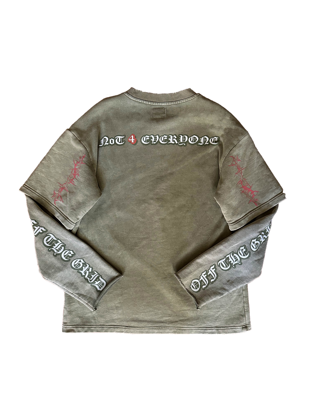 Back view of the Off The Grid acid green longsleeve featuring the signature "Not 4 Everyone" graphic design.
