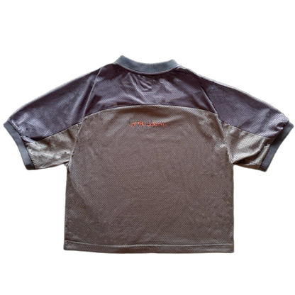 Back view of the Off The Grid khaki football shirt showing graphic details