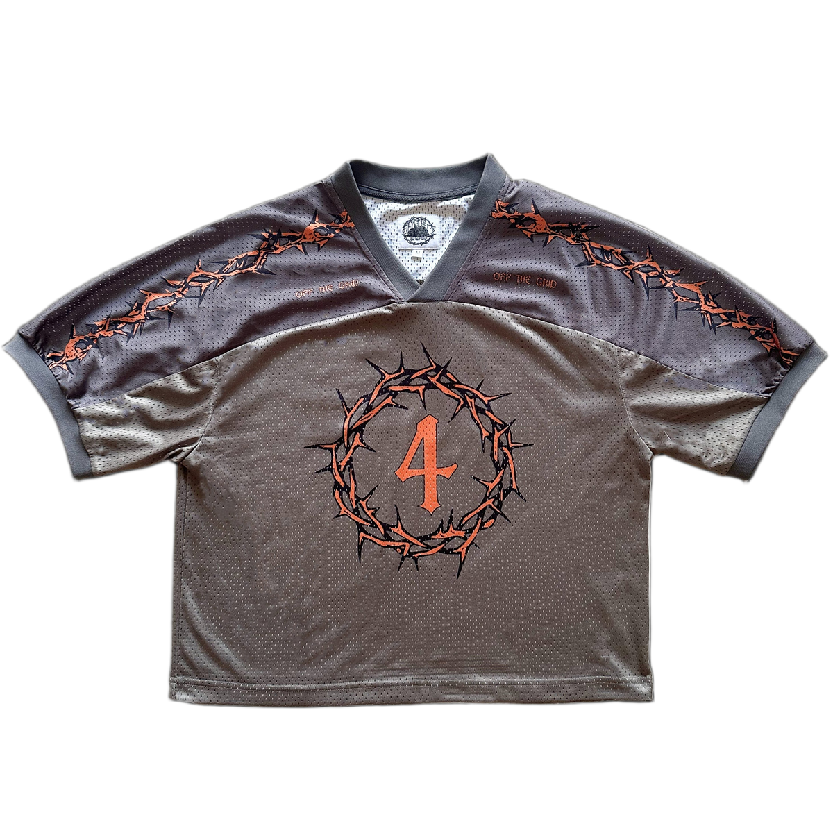 Off The Grid khaki football jersey in an oversized streetwear fit - front view.