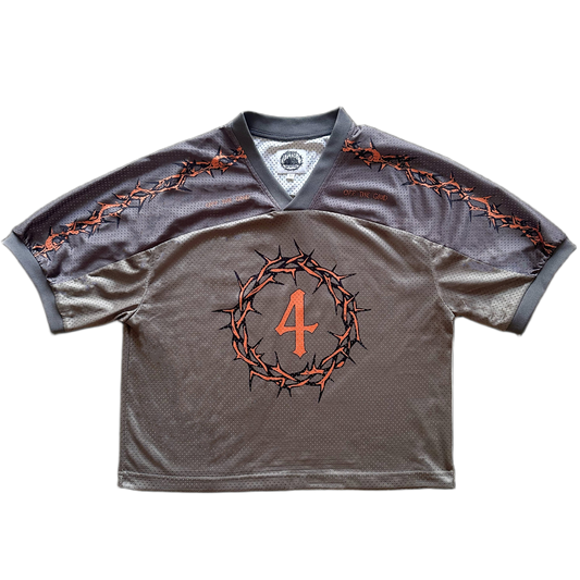 Off The Grid khaki football jersey in an oversized streetwear fit - front view.